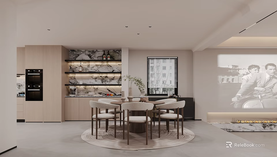 Modern Restaurant Interior Design With Round Dining Table Chairs Shelves And Plant Decor 3d model 