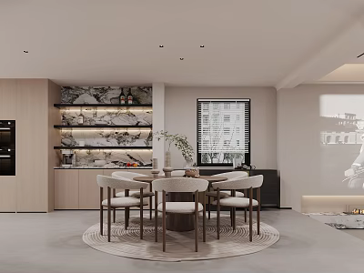 Modern Restaurant Interior Design With Round Dining Table Chairs Shelves And Plant Decor 3d model