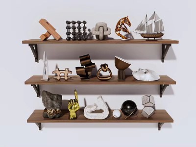 Decorative Ornament Set Display On Wooden Shelves With Geometric Metal And Sculptural Decor Pieces 3d model