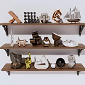 Decorative Ornament Set Display On Wooden Shelves With Geometric Metal And Sculptural Decor Pieces