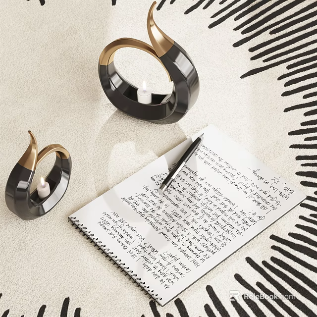 Notebook with Handwritten Notes and Pen Near Black Gold Ring Shaped Decor on Light Background 3d model 