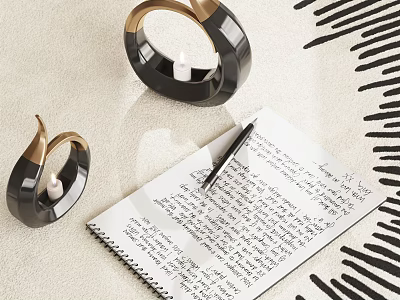 Notebook with Handwritten Notes and Pen Near Black Gold Ring Shaped Decor on Light Background 3d model