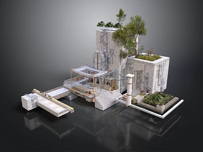 Modern Architectural Model Featuring Terrace Greenery Stone Column And Platform 3d model