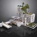 Modern Architectural Model Featuring Terrace Greenery Stone Column And Platform