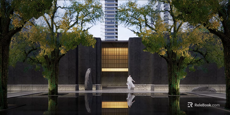 Dark Colored Building Facade With Golden Grille Windows Trees Water Pool Person And Reflection 3d model 