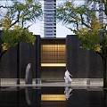 Dark Colored Building Facade With Golden Grille Windows Trees Water Pool Person And Reflection