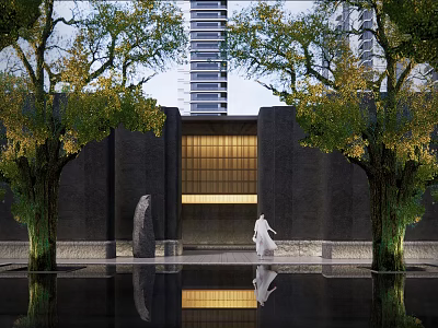 Dark Colored Building Facade With Golden Grille Windows Trees Water Pool Person And Reflection 3d model