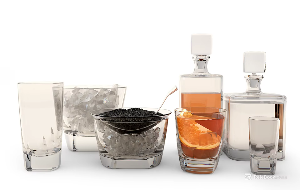 Clear Glass Cups With Ice Bowl Orange Slice And Liquor Bottles For Beverage Serving 3d model 