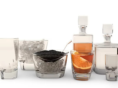 Clear Glass Cups With Ice Bowl Orange Slice And Liquor Bottles For Beverage Serving 3d model