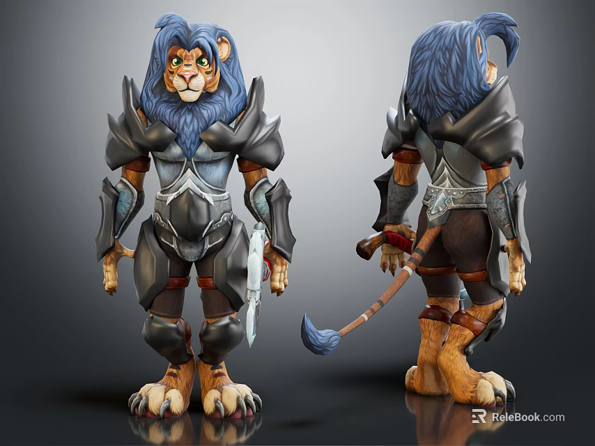 Lion Creature Character With Blue Mane And Armor Front Back Views 3d model 