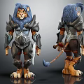 Lion Creature Character With Blue Mane And Armor Front Back Views 3d model