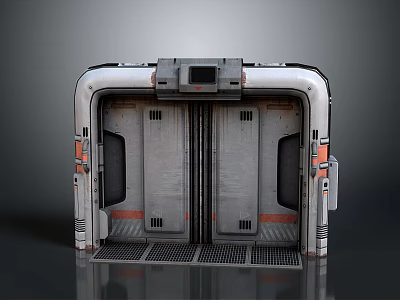 Futuristic Sci Fi Airlock Door With Metallic Gray Structure Orange Accents And Grated Platform 3d model