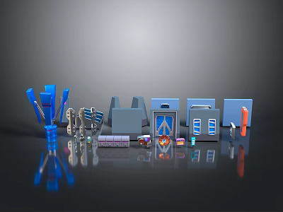 Various Gate Models Showcasing Blue and Gray Structures on Reflective Surface 3d model