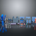 Various Gate Models Showcasing Blue and Gray Structures on Reflective Surface