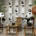Exhibition Hall With Panda Dolls Bamboo Chairs And Panda Patterned Lanterns 3d model