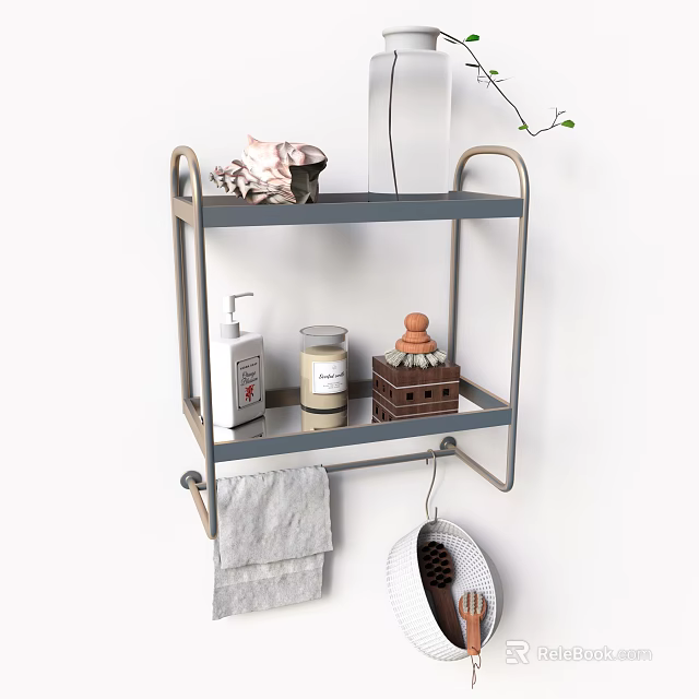Modern Wall Mounted Bathroom Shelf With Toiletries Candle Towel And Storage Basket Hooks 3d model 