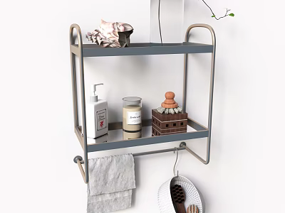 Modern Wall Mounted Bathroom Shelf With Toiletries Candle Towel And Storage Basket Hooks 3d model