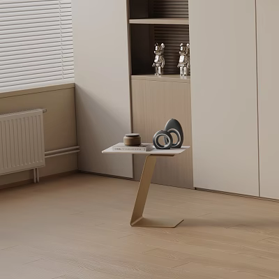 Modern Bedside Table With Golden Z Shaped Stand And Coffee Cup On Light Floor 3d model