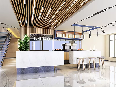 Modern Store Front Desk With White Marble Counter Wooden Ceiling And Pendant Lights 3d model