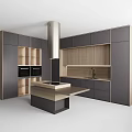 Modern Kitchen With Dark And Wooden Cabinets Island Range Hood And Sink