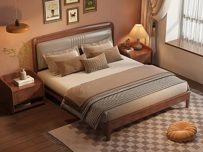 Modern Double Bed With Upholstered Headboard Pillows Wooden Nightstands And Table Lamps 3d model