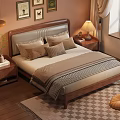 Modern Double Bed With Upholstered Headboard Pillows Wooden Nightstands And Table Lamps