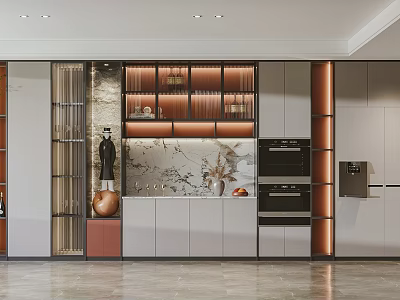 Modern Kitchen Interior Featuring Stylish Wine Cabinet With Glass Doors And Wooden Shelves 3d model