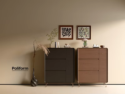 Modern Entryway Cabinet And Side Cabinet With Wooden Finish Metal Legs And Framed Art Decorations 3d model