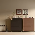 Modern Entryway Cabinet And Side Cabinet With Wooden Finish Metal Legs And Framed Art Decorations