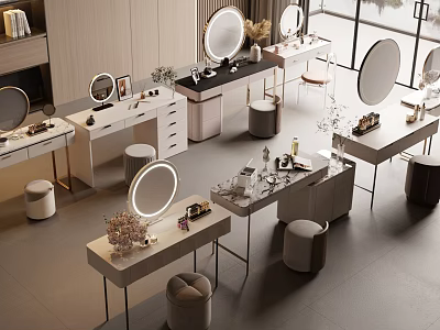 Elegant Modern Dressing Table Interior With Round Mirrors Stools And Storage Drawers 3d model