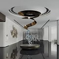Modern Front Desk Reception Area With Marble Floor Art Sculpture And Circular Lighting