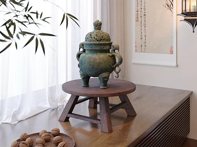 Traditional Decorative Ornament Set With Bronze Incense Burner Wooden Stand Walnuts Bamboo And Calligraphy Scroll 3d model