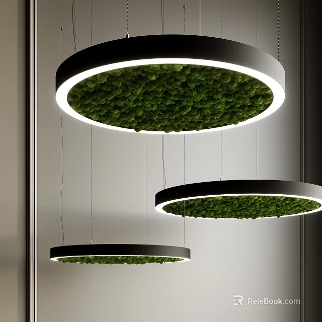 Three Circular Black Frame Pendant Lights With Green Moss And White Lighting 3d model