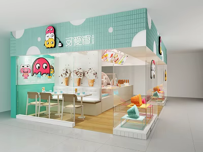 Pastel Green Cartoon Themed Dessert Shop With Ice Cream Display Cases And Tables Chairs 3d model