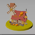 Rustic Country Cottage With Red Roof White Walls And Windmill Decorated With Pumpkins