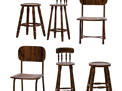 Different Wooden Bar Stools Featuring Various Backrest Styles and Solid Wood Leg Designs 3d model