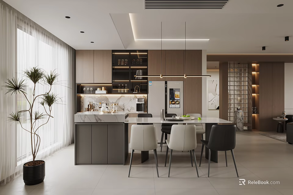 Modern Restaurant Interior With Open Kitchen Marble Island Wooden Cabinets Dining Chairs And Green Plant 3d model 