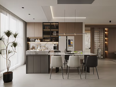 Modern Restaurant Interior With Open Kitchen Marble Island Wooden Cabinets Dining Chairs And Green Plant 3d model
