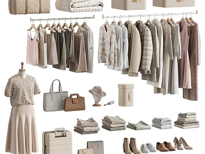 Neutral Tones Clothes Collection With Hanging Dresses Shirts Handbags Shoes And Suitcases 3d model