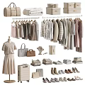 Neutral Tones Clothes Collection With Hanging Dresses Shirts Handbags Shoes And Suitcases