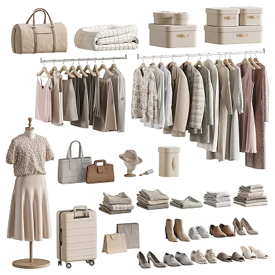 Neutral Tones Clothes Collection With Hanging Dresses Shirts Handbags Shoes And Suitcases 3d model