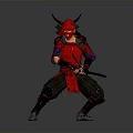 Traditional Japanese Samurai Swords Wielded by Warrior in Red Armor With Horned Helmet and Dual Blades
