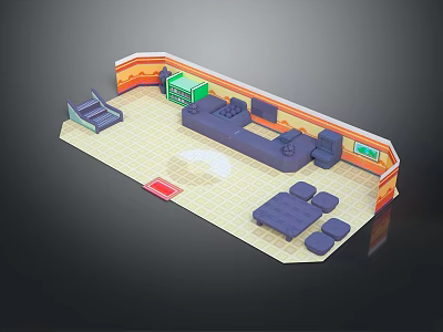 Cartoon Living Room Scene With Sofa Armchairs TV And Decorative Wall 3d model