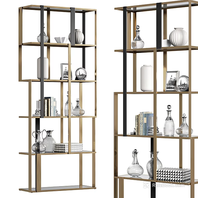 Modern Multi Tiered Bookcase With Metal Frame And Decorative Vases Photo Frames Books 3d model 