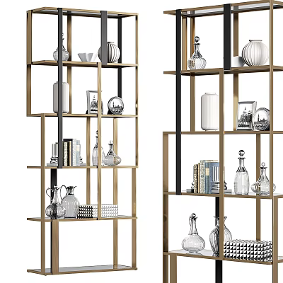 Modern Multi Tiered Bookcase With Metal Frame And Decorative Vases Photo Frames Books 3d model