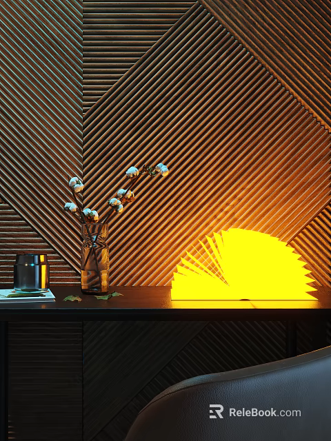 Table Lamp with Fan Shaped Warm Yellow Glow on Tabletop Striped Wall White Flowers Vase 3d model 