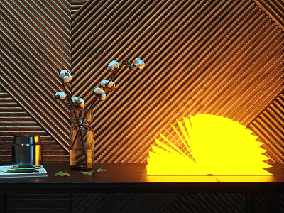 Table Lamp with Fan Shaped Warm Yellow Glow on Tabletop Striped Wall White Flowers Vase 3d model