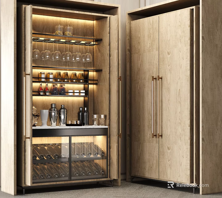 Modern Wooden Wine Cabinet With Glass Door And Illuminated Shelves For Wine Bottles And Glasses 3d model 