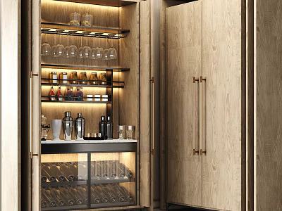 Modern Wooden Wine Cabinet With Glass Door And Illuminated Shelves For Wine Bottles And Glasses 3d model
