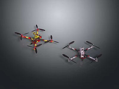 Space Exploration Aerial Drones With Red Yellow And Black White Designs For Cosmic Missions 3d model
